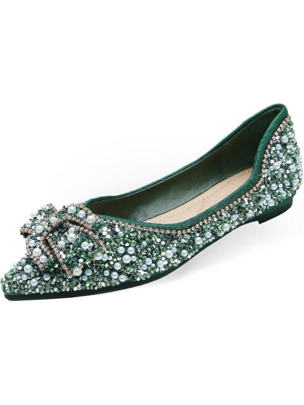 Women‘s Green Rhinestone Sparkle Pointed toe Memory Foam Comfortable Ballet Flat